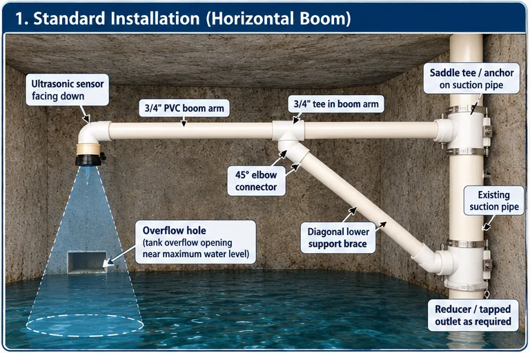 Braced PVC horizontal boom clamped to an existing suction pipe without cutting the pipe